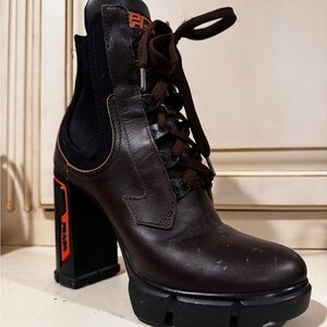 Prada Dark Brown Heeled Boots with Orange Accents